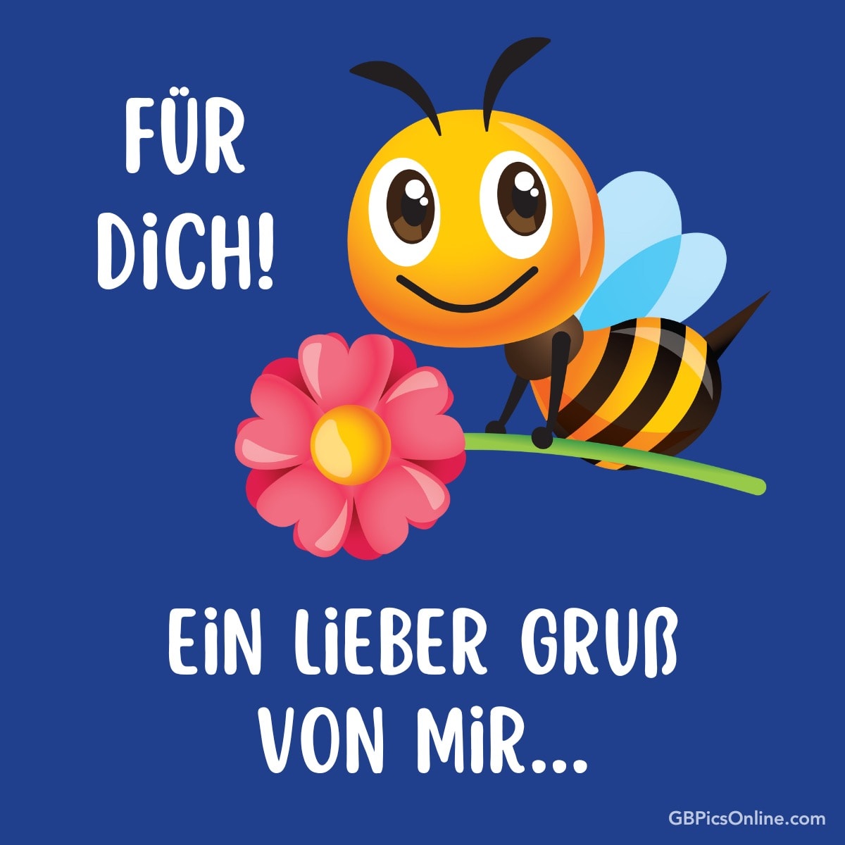 Eine lächelnde Biene mit Blume und den Worten „Für Dich! Ein lieber Gruß von mir...“ auf blauem Hintergrund