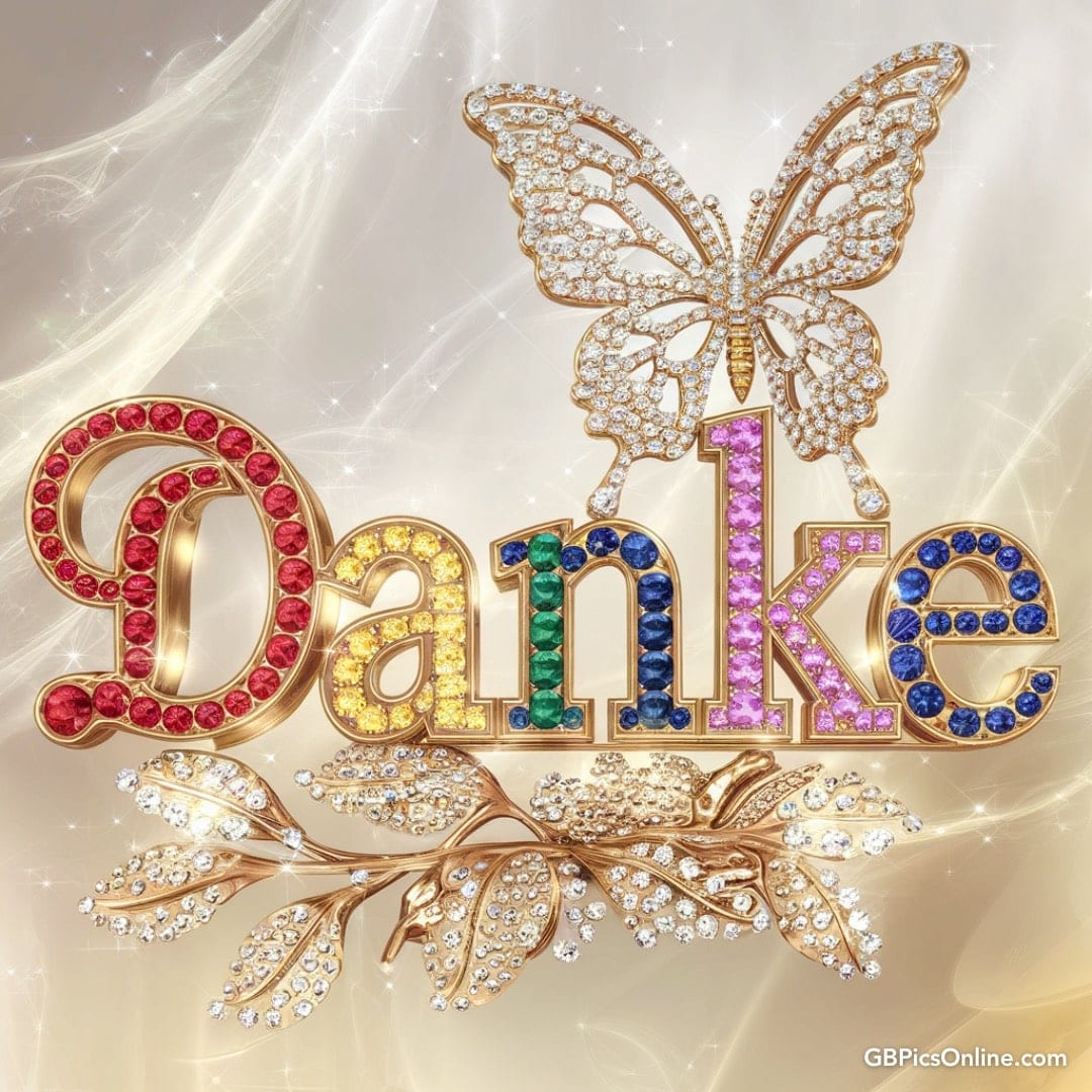 Glitzernder Schriftzug „Danke“ mit Edelsteinen und Schmetterling