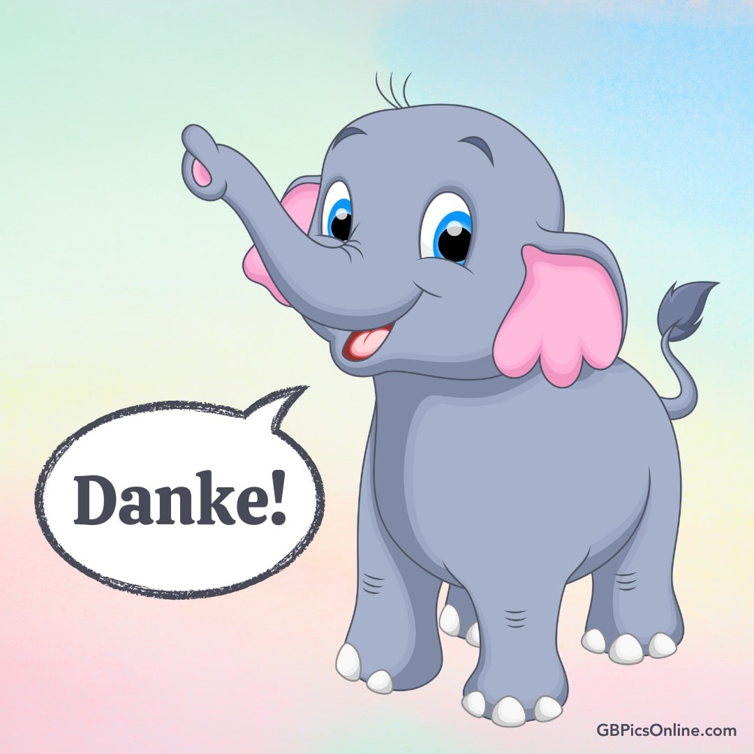 Ein freundlicher, kleiner Elefant winkt und sagt „Danke!“ in einer Sprechblase