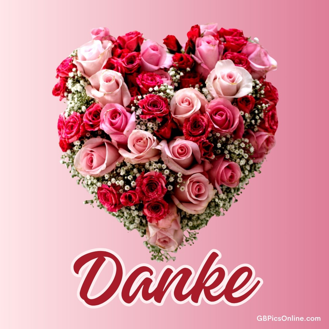 Ein Herz aus rosa und roten Rosen mit der Aufschrift „Danke“ auf rosa Hintergrund