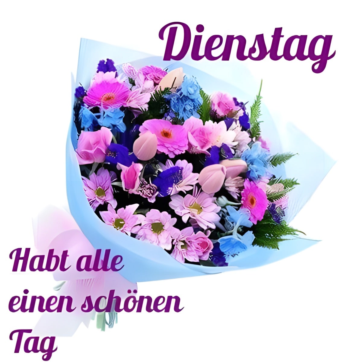 Ein bunter Blumenstrauß mit der Aufschrift „Dienstag“ und „Habt alle einen schönen Tag“