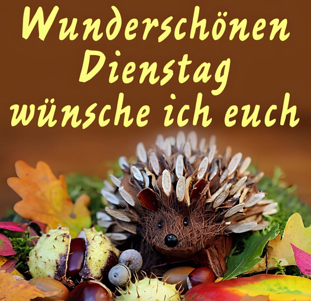 Ein Igel umgeben von Herbstblättern und Nüssen wünscht einen schönen Dienstag