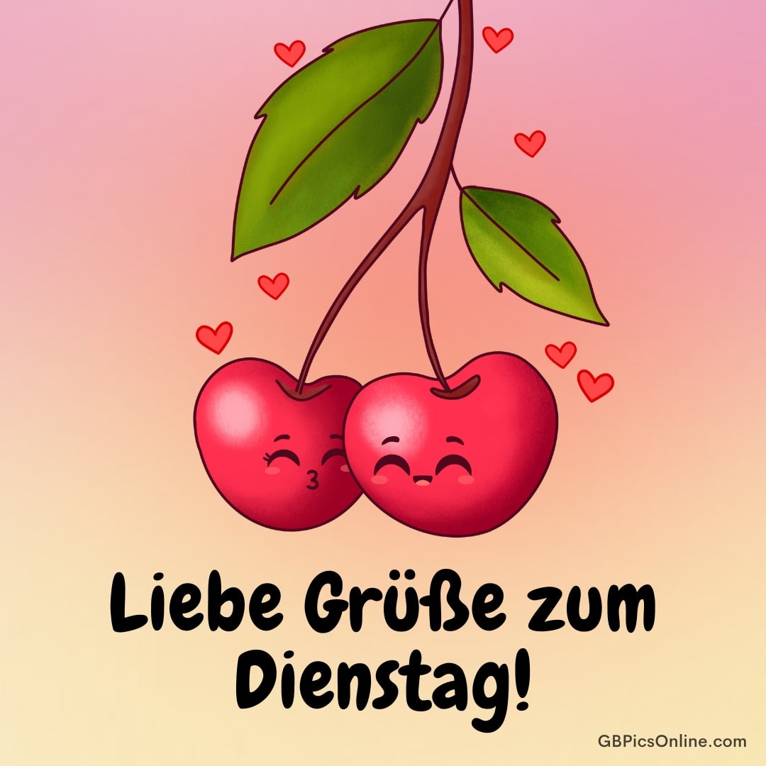Zwei lächelnde Kirschen mit Herzen und Blättern, dazu der Text: Liebe Grüße zum Dienstag!