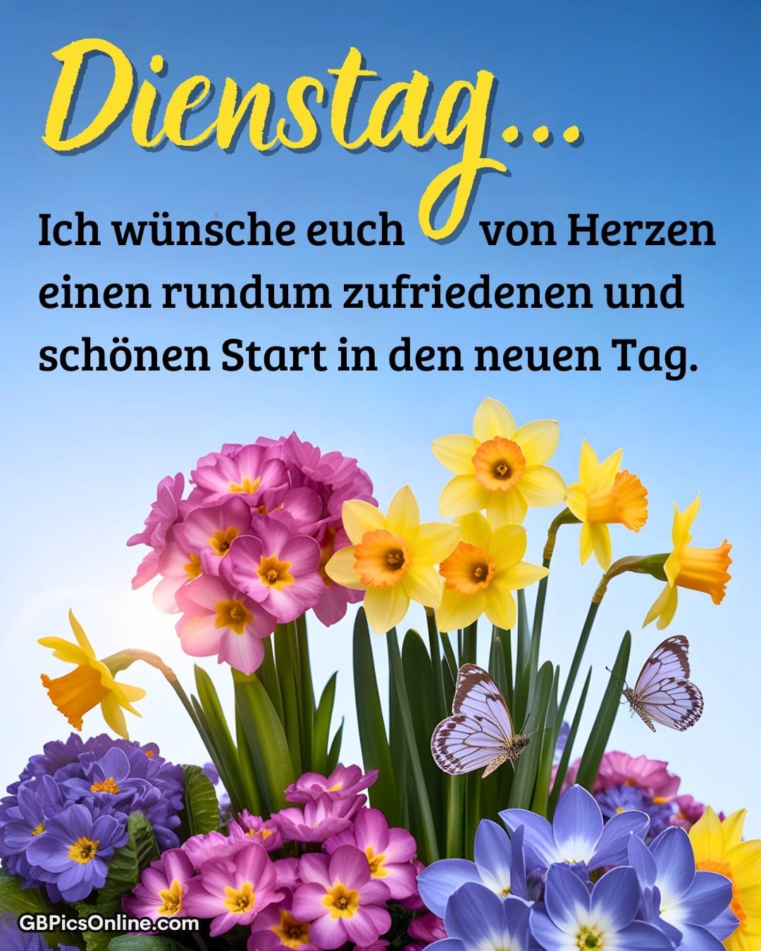 Dienstagsgruß mit bunten Blumen und Schmetterlingen