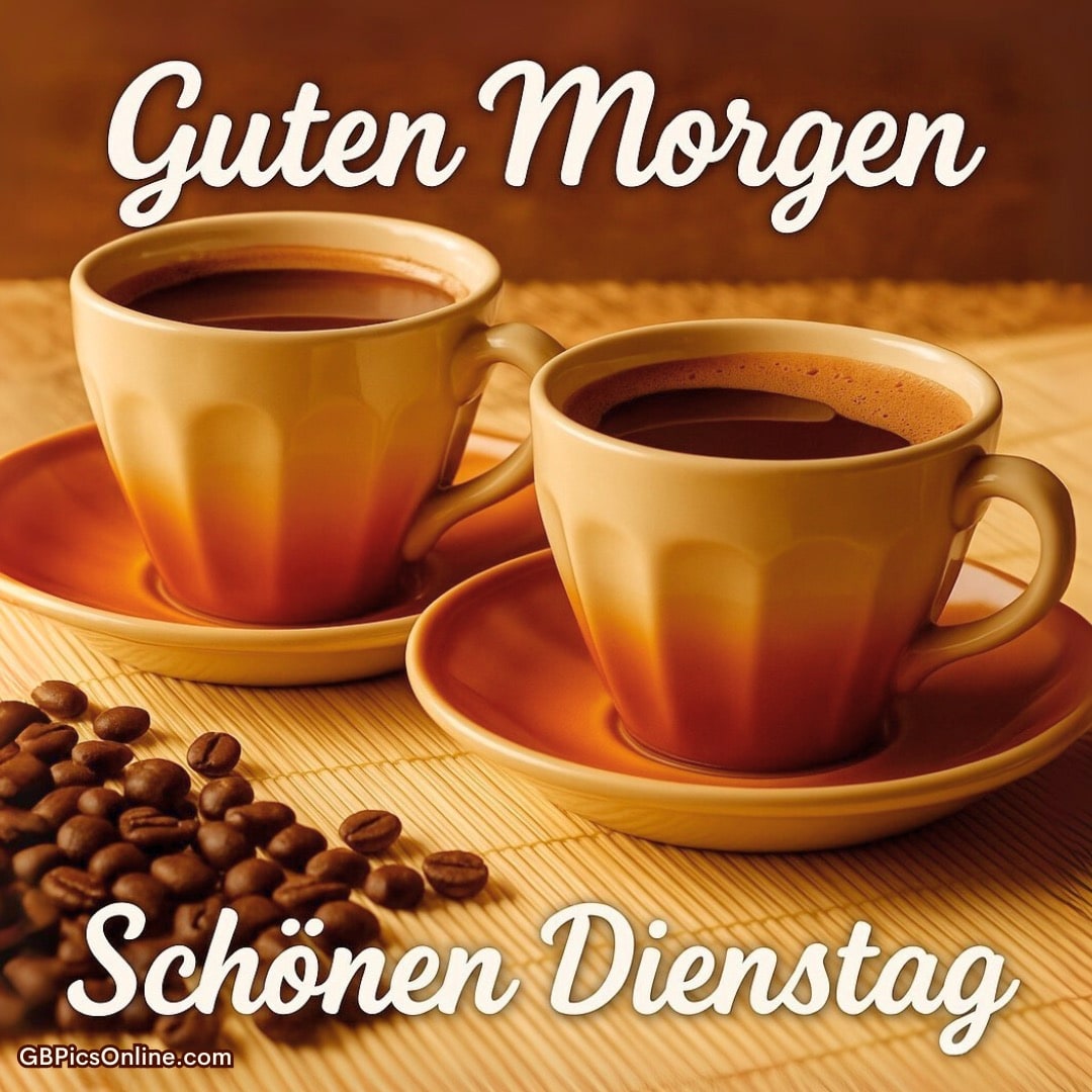 Zwei Kaffeetassen und Kaffeebohnen, mit Grußtexten „Guten Morgen“ und „Schönen Dienstag“