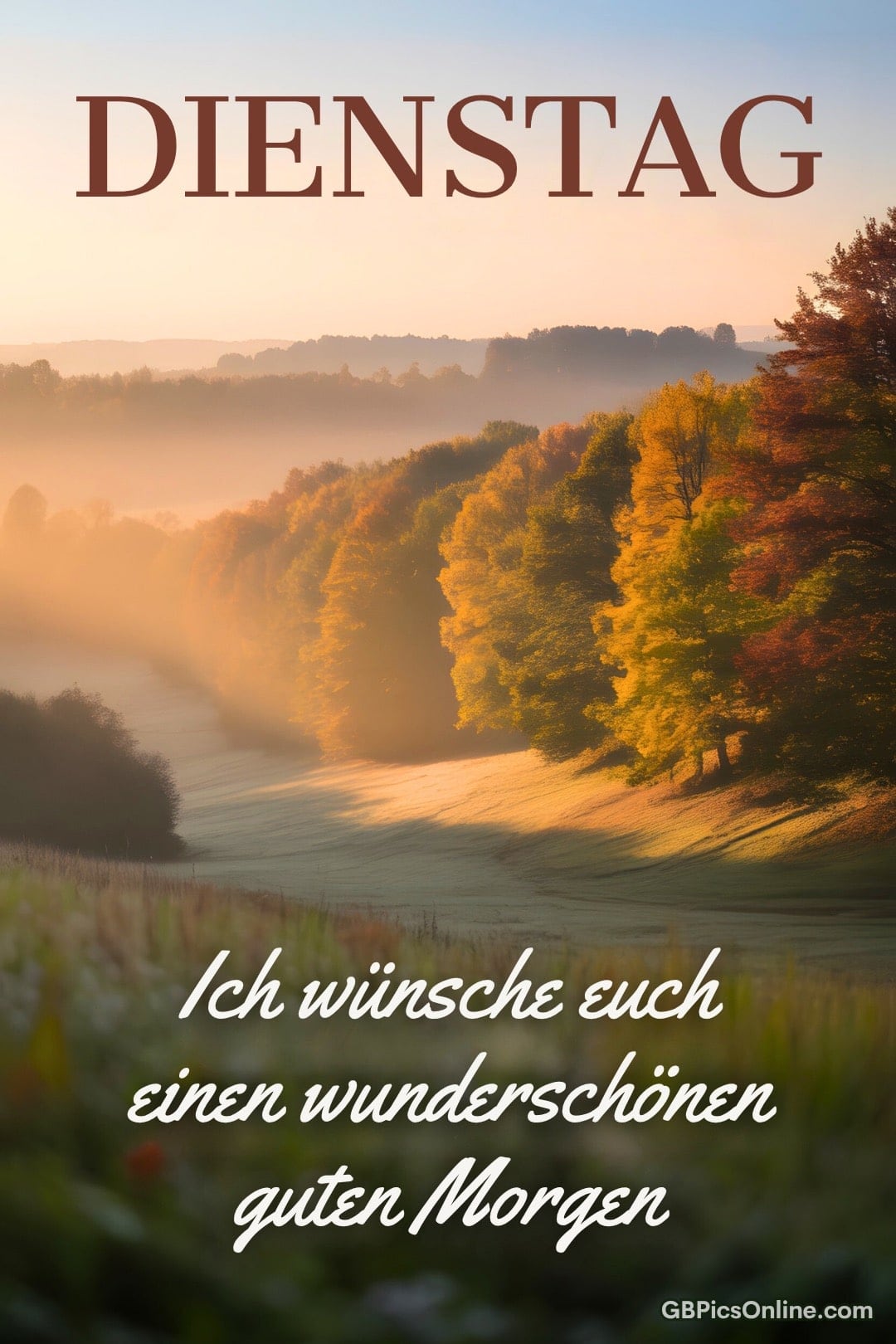 Herbstliche Landschaft bei Sonnenaufgang mit nebligen Hügeln und bunten Bäumen
