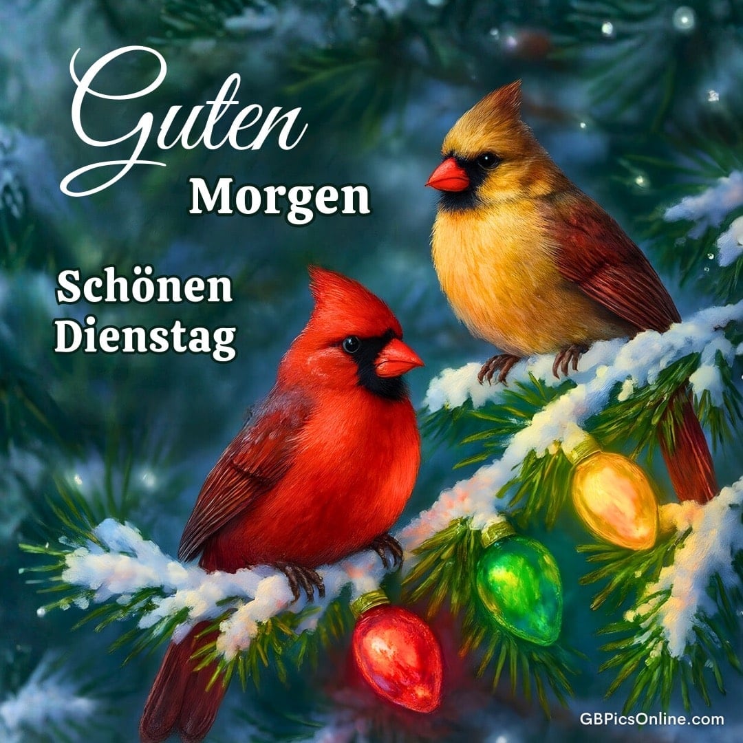 Zwei bunte Kardinäle sitzen auf verschneiten Tannenzweigen mit leuchtenden Lichterketten, Text: Guten Morgen, schönen Dienstag