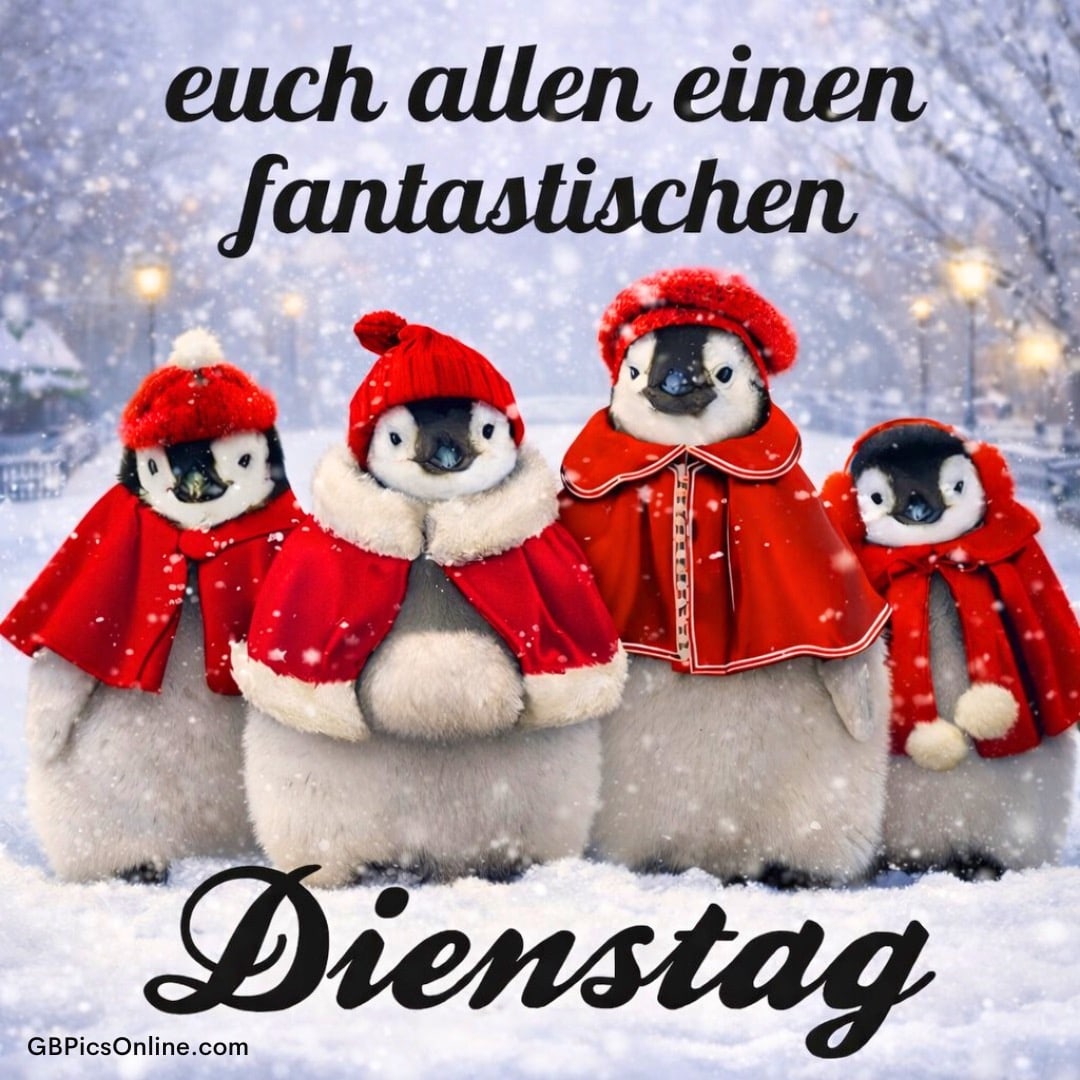 Vier Pinguinküken in roten Wintermänteln wünschen einen fantastischen Dienstag im Schneegestöber
