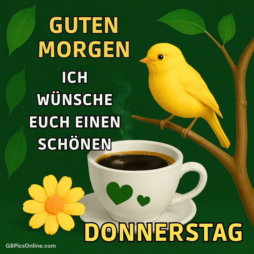 Gelber Vogel, Kaffeetasse und Blume auf grünem Hintergrund mit Wunsch für einen schönen Donnerstag