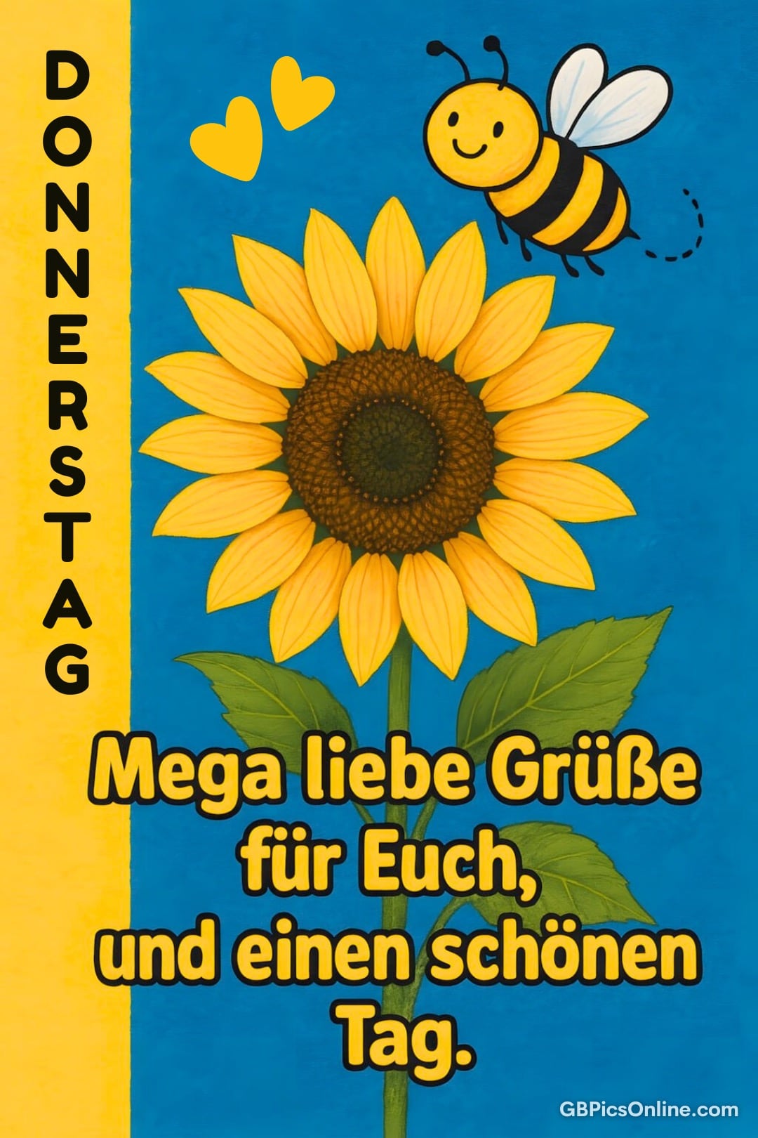 Eine Biene fliegt um eine Sonnenblume, neben dem Text „Donnerstag“ und Grüßen