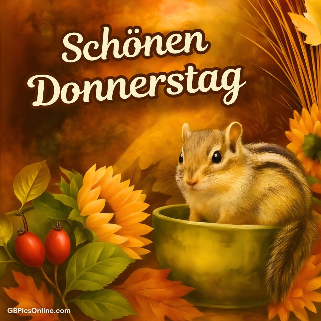 Ein Eichhörnchen in einer grünen Schüssel umgeben von Herbstlaub und „Schönen Donnerstag“ Schriftzug