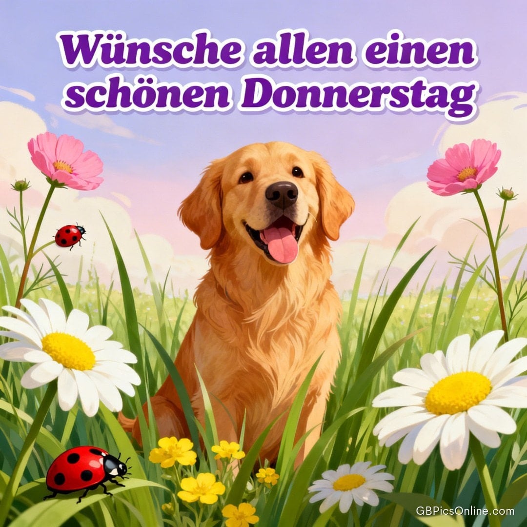 Fröhlicher Golden Retriever sitzt im Frühlingsgras zwischen Gänseblümchen, Blumen und Marienkäfern