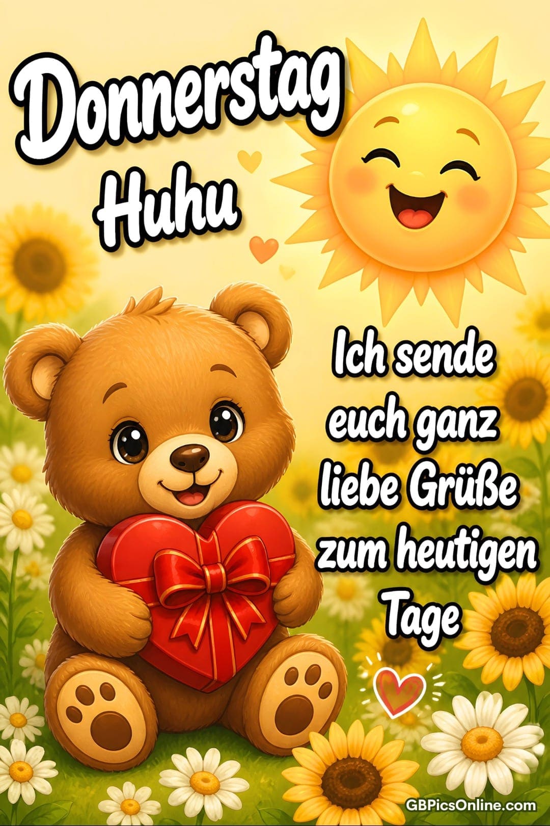 Niedlicher Teddybär mit rotem Herzgeschenk in Blumenwiese, lachende Sonne und Grüße zum Donnerstag