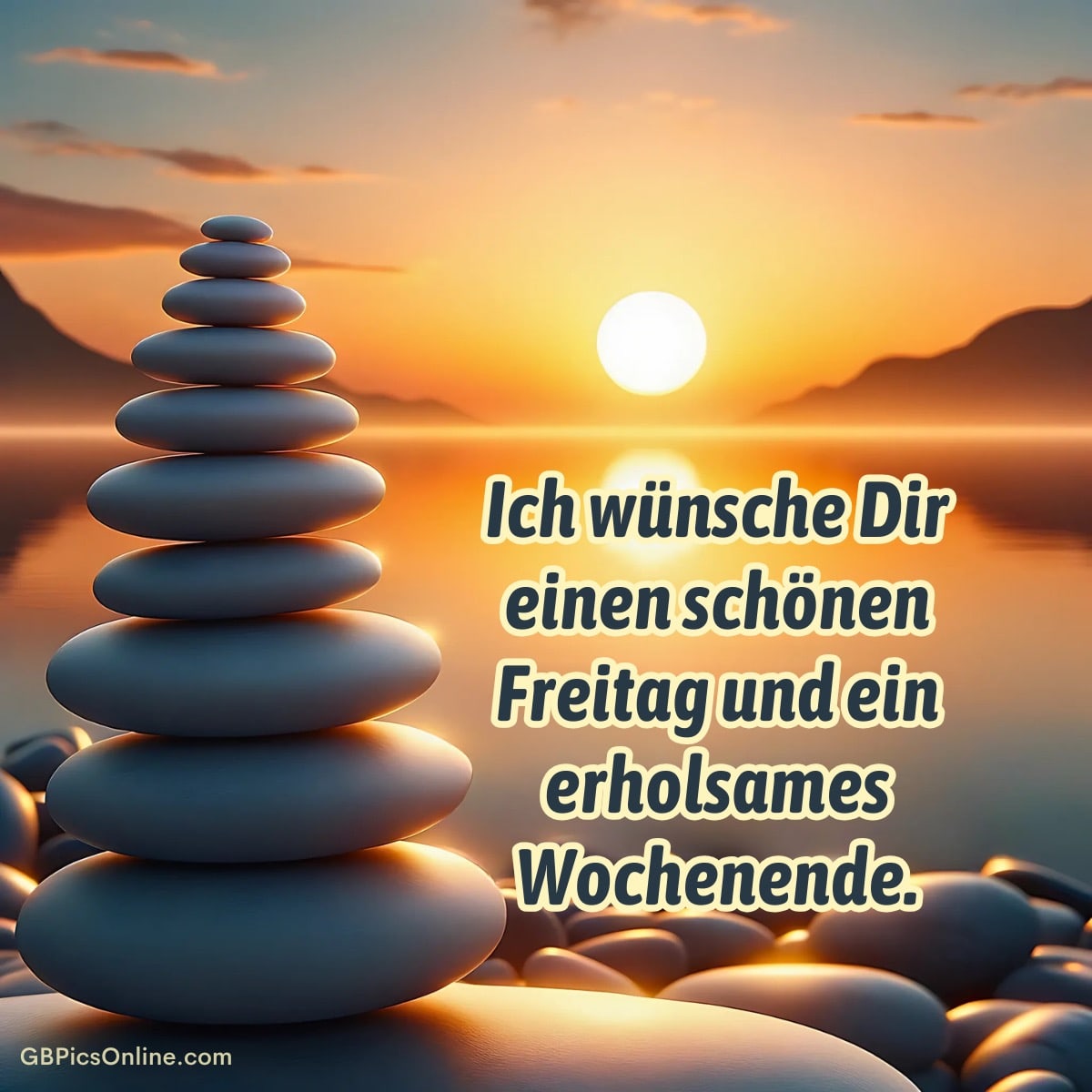 Mehrere Steine sind aufeinander gestapelt, Sonnenuntergang am See, umgeben von Bergen und ruhiger Atmosphäre