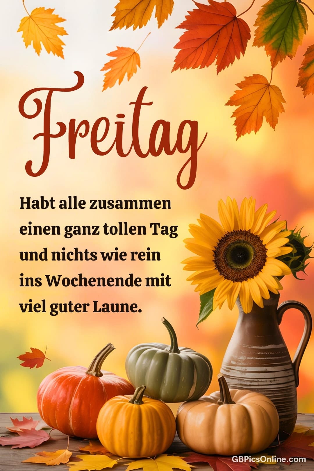Herbstliche Szene mit Kürbissen, Sonnenblume und Laub als Dekoration und Wunsch für einen guten Freitag