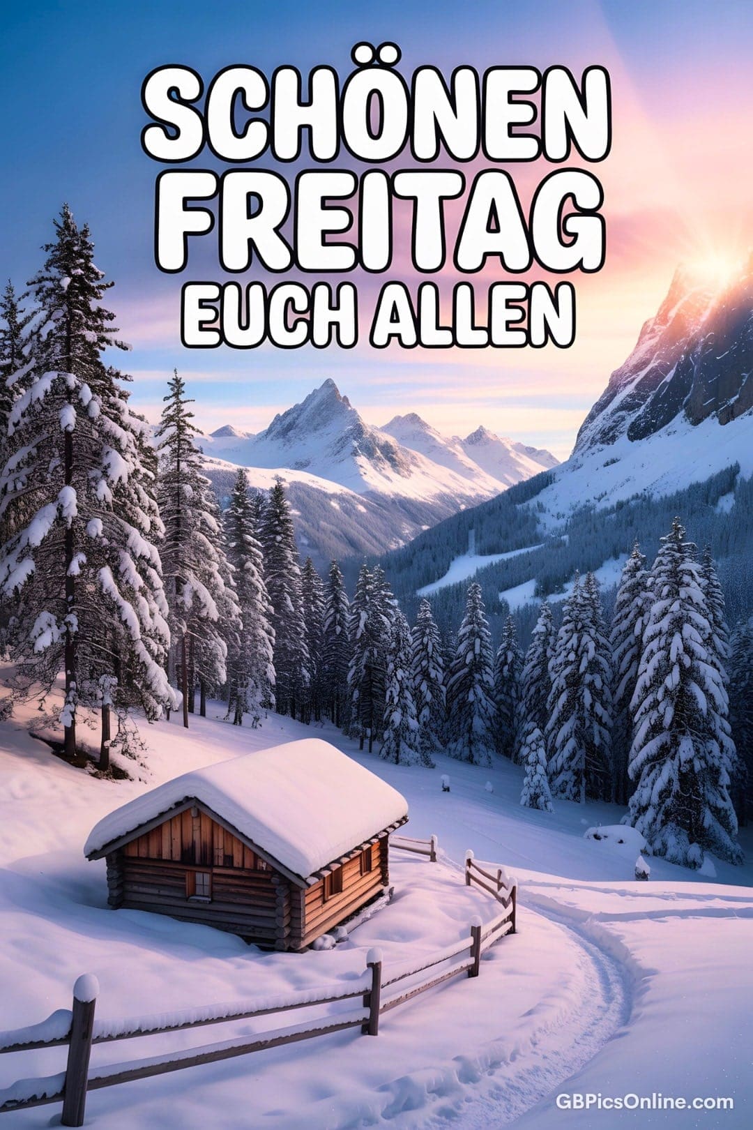 Verschneite Berghütte im Wald bei Sonnenaufgang, darüber der Text „Schönen Freitag euch allen“