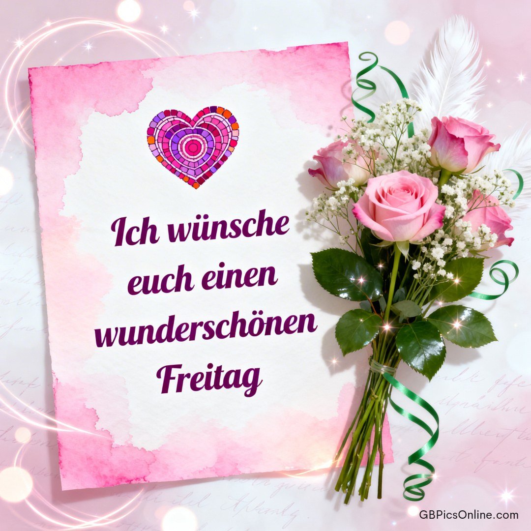 Grußkarte mit Herzsymbol und Text, daneben ein Strauß rosa Rosen mit Schleierkraut und Feder