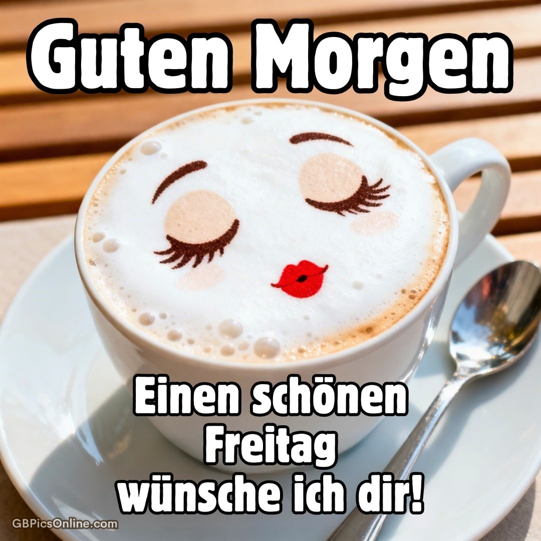 Tasse Cappuccino mit Schaumgesicht und Grußtext „Guten Morgen“ und „Einen schönen Freitag wünsche ich dir!“