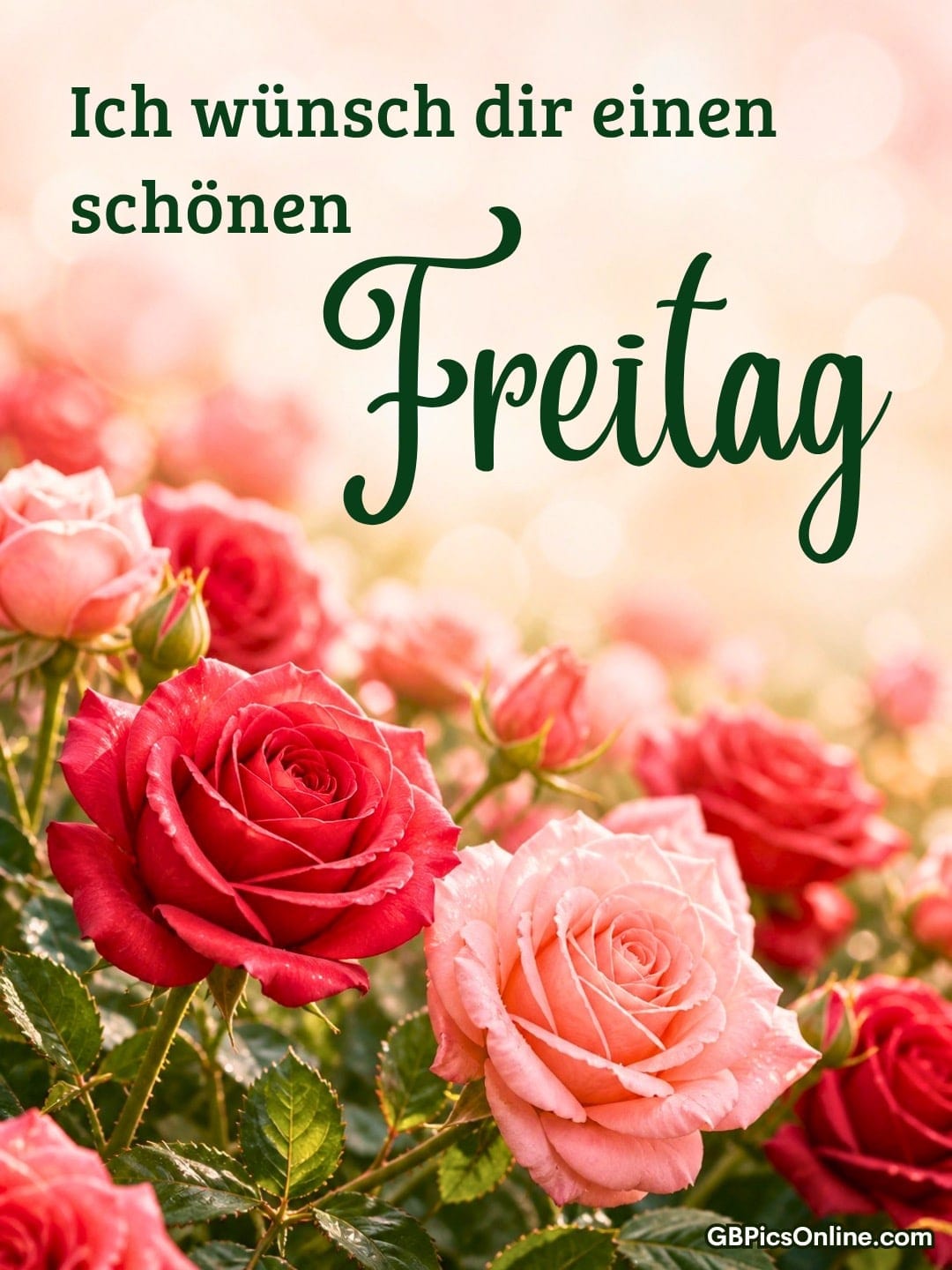 Rote und rosafarbene Rosen im Vordergrund, darüber Grußtext für einen schönen Freitag