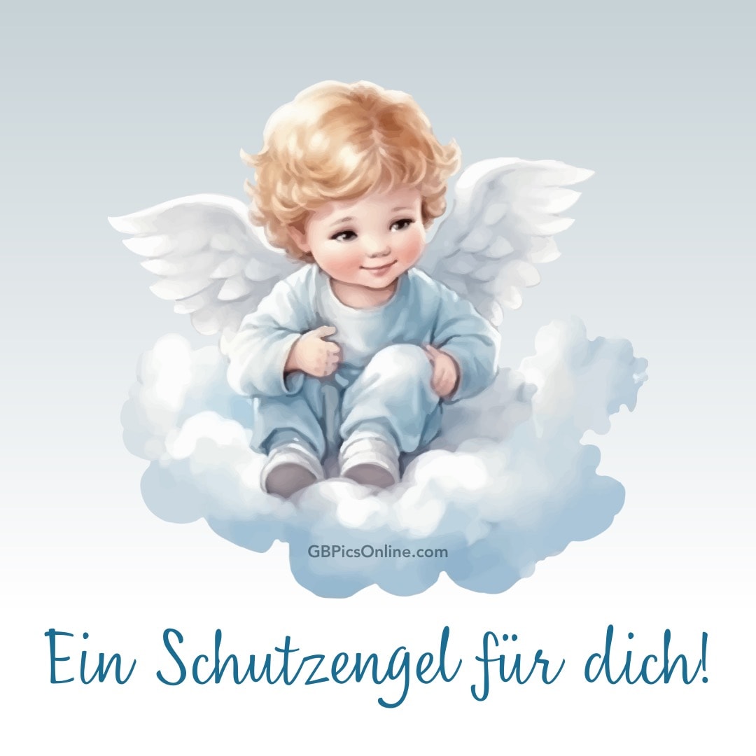 Ein lächelnder Engel mit blonden Locken sitzt auf einer Wolke. Text: „Ein Schutzengel für dich!“