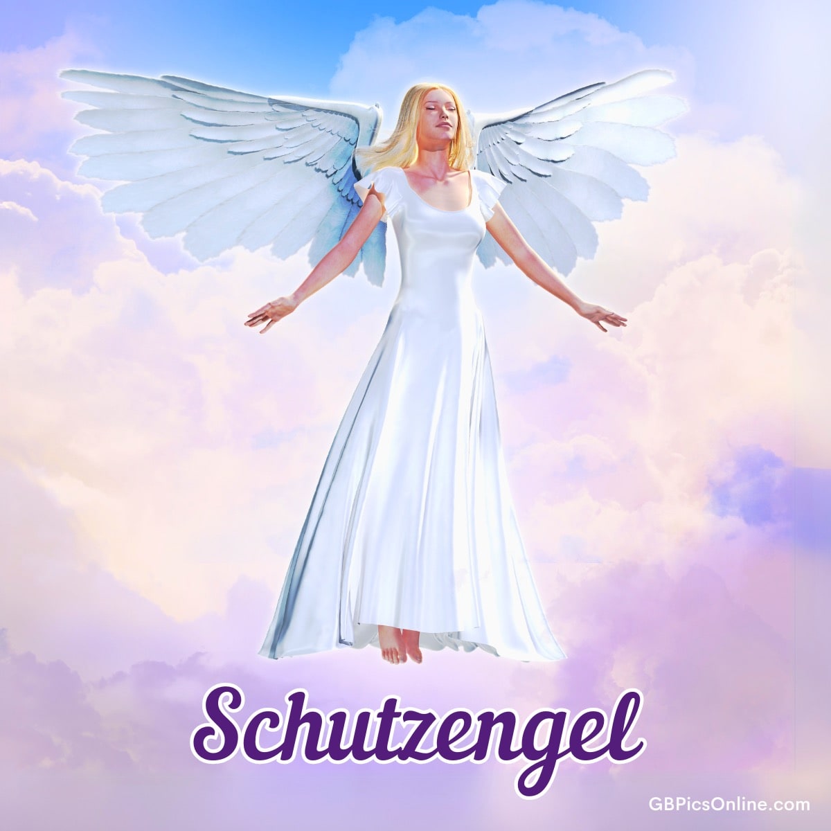 Ein Engel in weißem Gewand und mit ausgebreiteten Flügeln schwebt vor Wolken