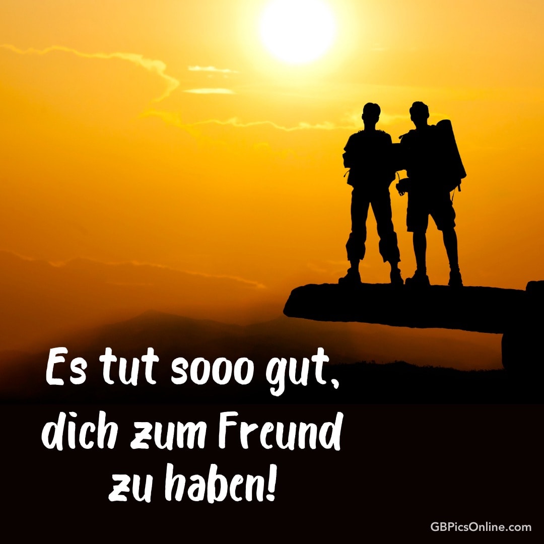 Zwei Personen stehen auf einem Felsen vor einem Sonnenuntergang. Text: Es tut sooo gut, dich zum Freund zu haben!