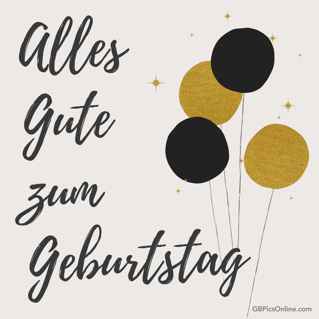 Geburtstagsgrußkarte mit goldenen und schwarzen Luftballons und Sternen