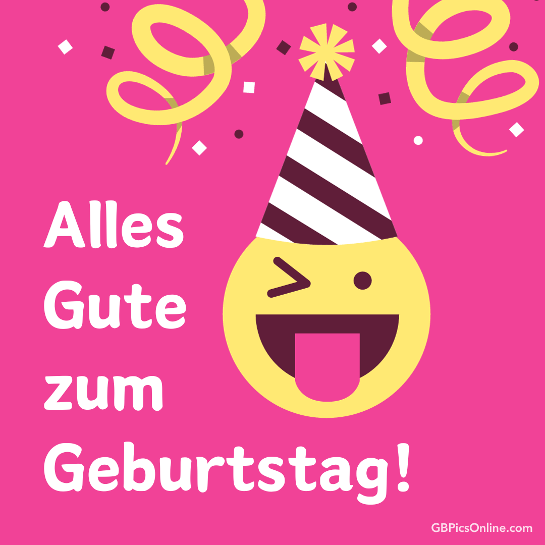 Emoji mit Partyhut, Konfetti und „Alles Gute zum Geburtstag!“ Text