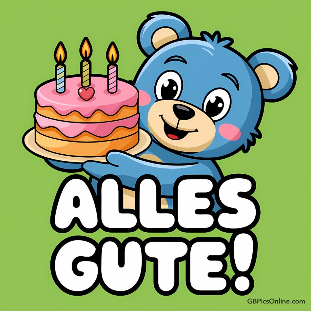 Ein blauer Bär hält eine Geburtstagstorte mit Kerzen. „Alles Gute!“ steht darunter