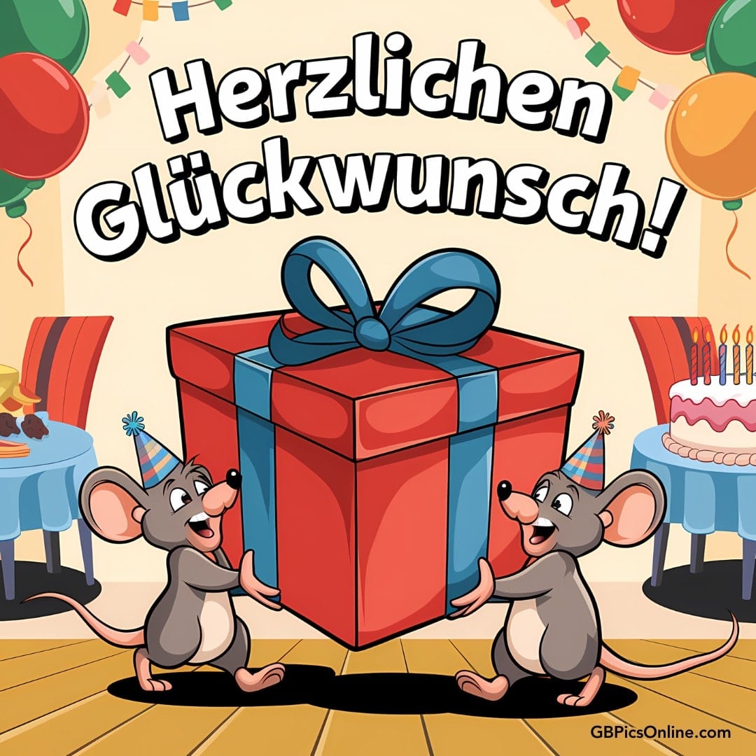 Zwei Mäuse feiern mit einem großen roten Geschenk und Kuchen