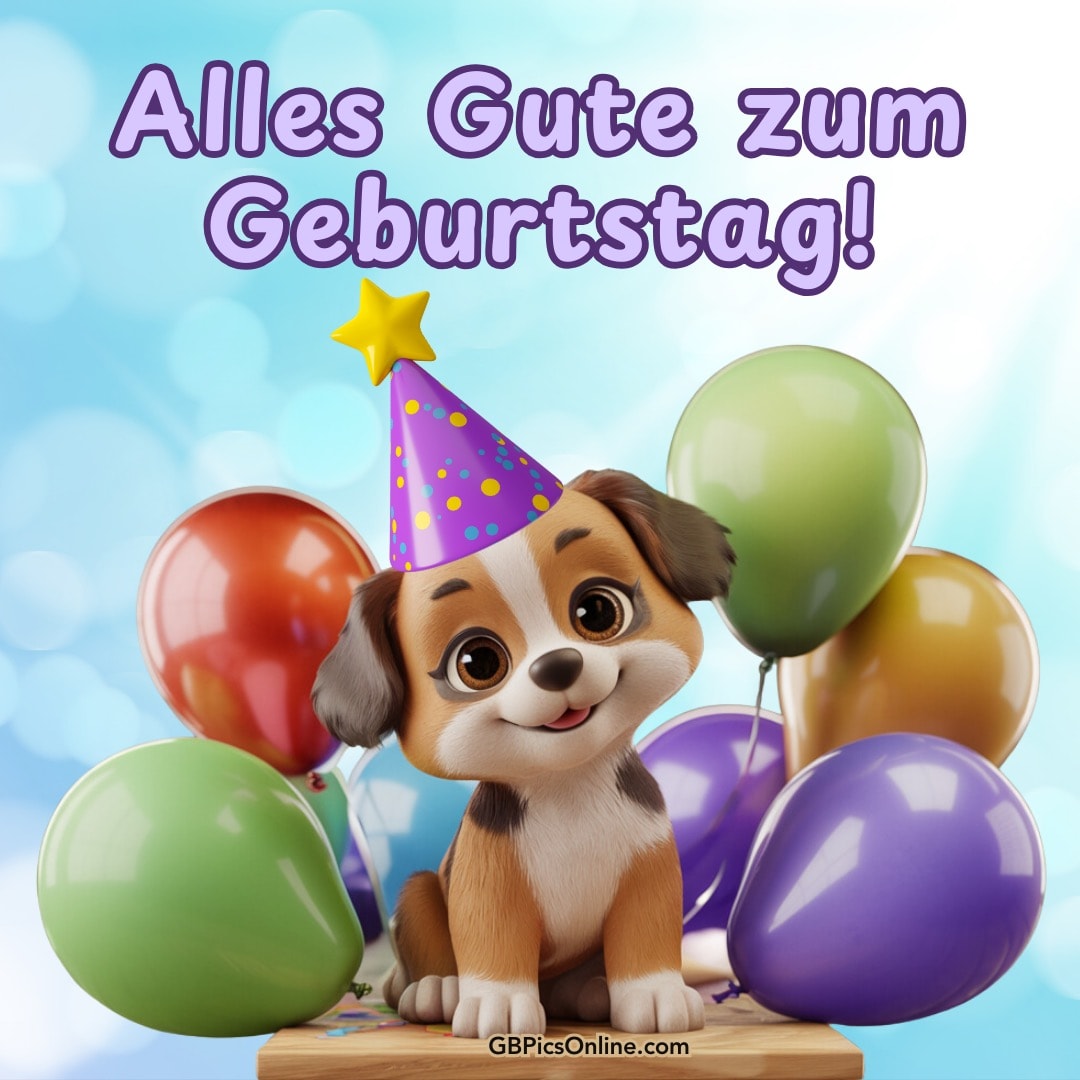 Niedlicher Hund mit Partyhut und bunten Ballons feiert Geburtstag