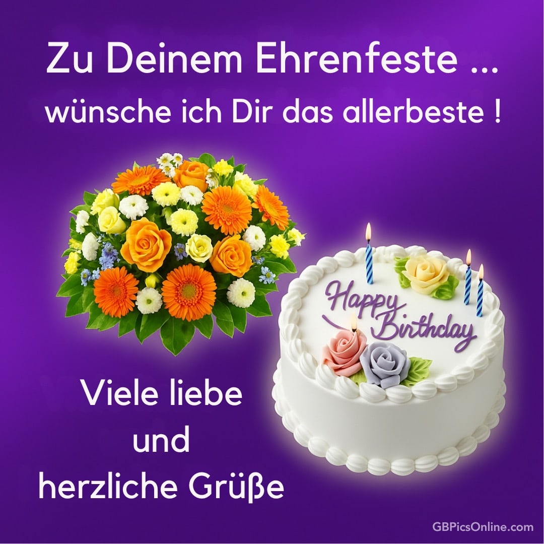 Blumenstrauß und Geburtstagstorte mit Kerzen auf lila Hintergrund