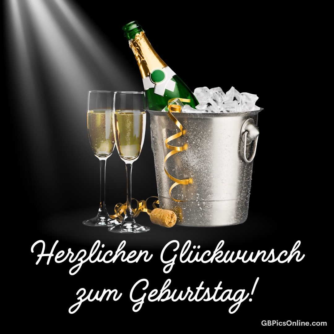 Sektflasche und Gläser im Eiskübel, umgeben von goldenen Spiralen, mit einem Glückwunsch