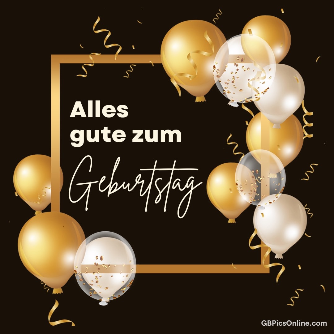 Goldene und weiße Luftballons mit Glückwunschtext zum Geburtstag auf schwarzem Hintergrund