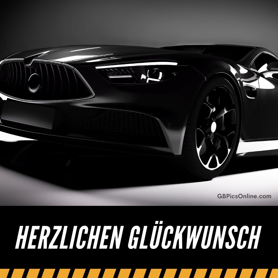 Ein elegantes schwarzes Auto mit dem Text „Herzlichen Glückwunsch“ unten