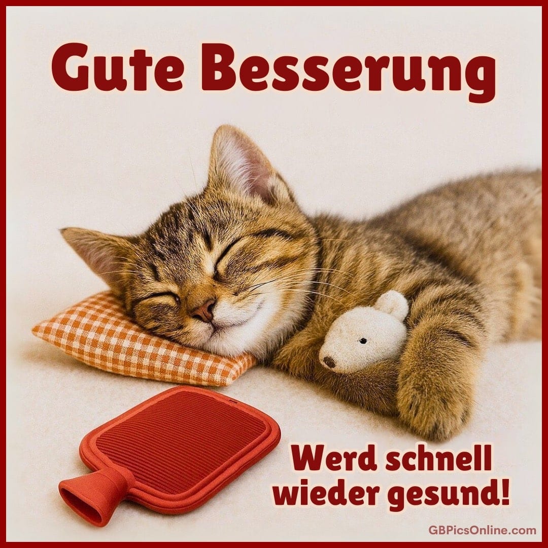 Ein schlafendes Kätzchen kuschelt mit einem Teddy und einer Wärmflasche. Text: „Gute Besserung - Werd schnell wieder gesund!“