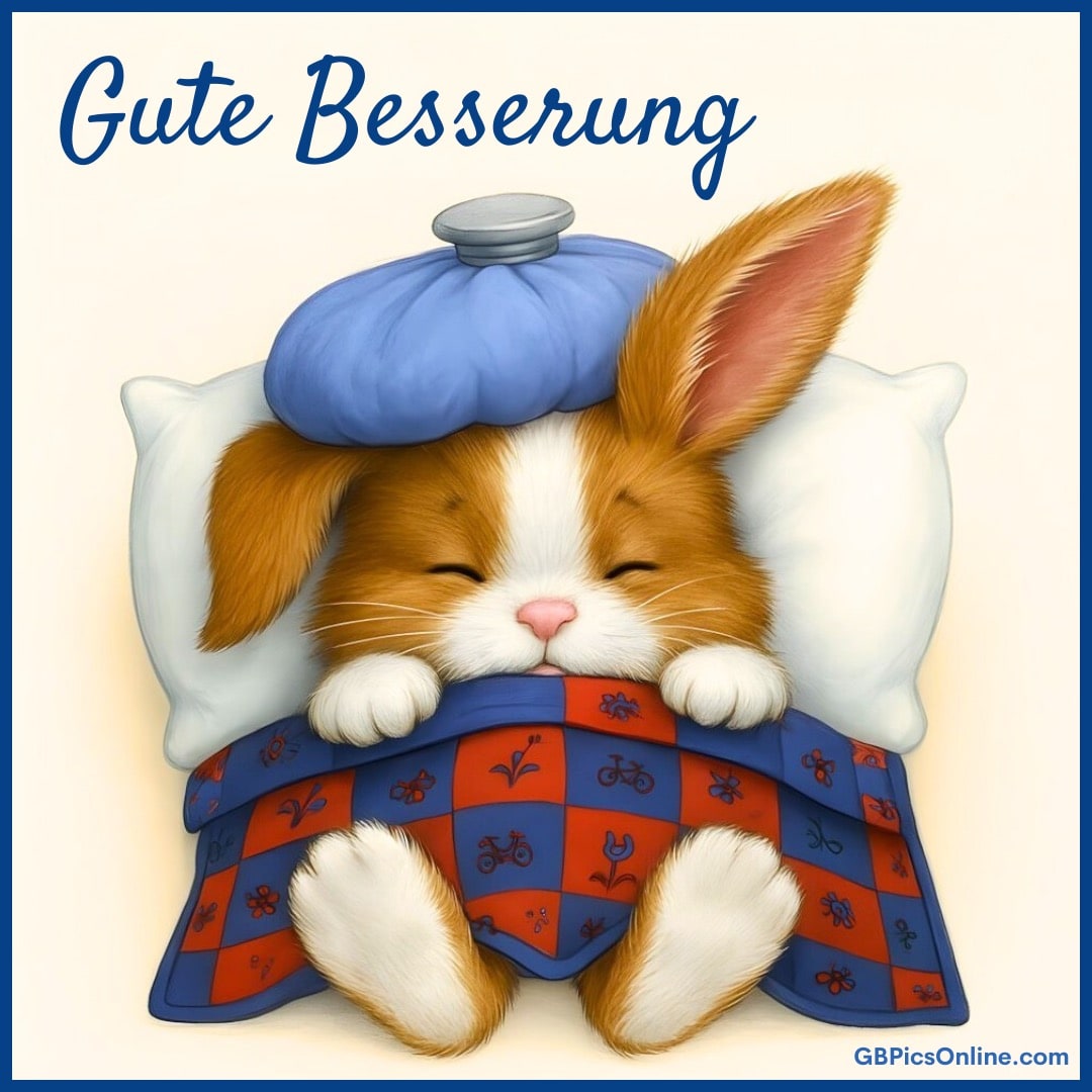 Ein kranker Hase mit einem Eisbeutel auf dem Kopf schläft unter einer Decke