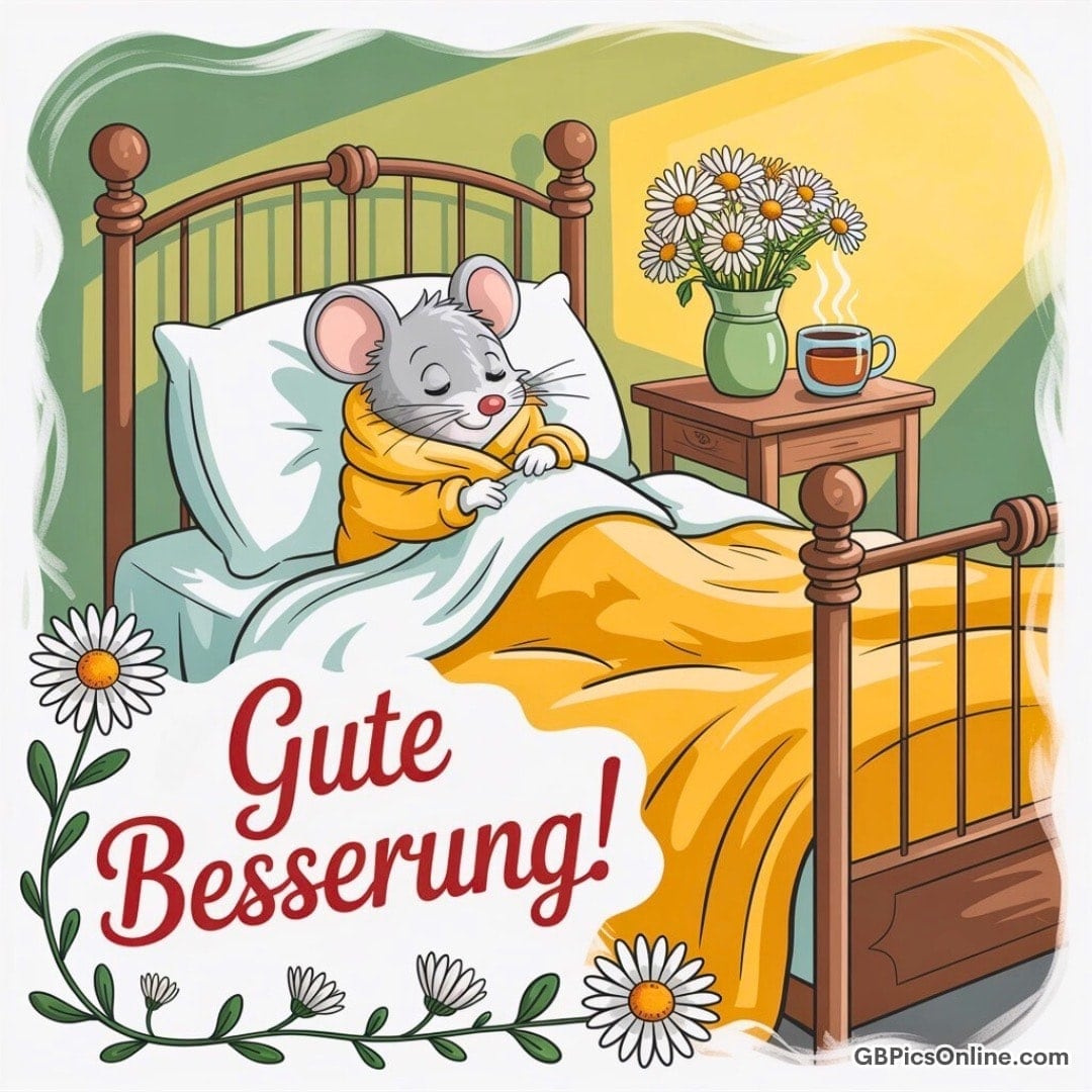 Eine Maus liegt krank im Bett, daneben stehen Blumen und Tee. Text: „Gute Besserung!“ Blumenrahmen schmückt die Szene