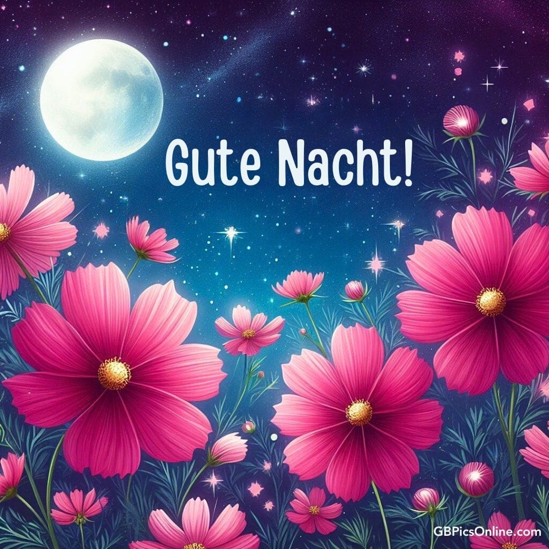 Vollmond, Sterne, rosa Blüten mit „Gute Nacht!“ Text