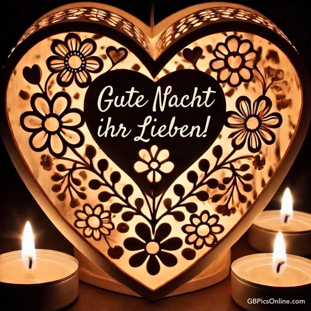 Herz aus Holz mit Blumenmuster und Kerzenlicht, Schriftzug „Gute Nacht ihr Lieben!“