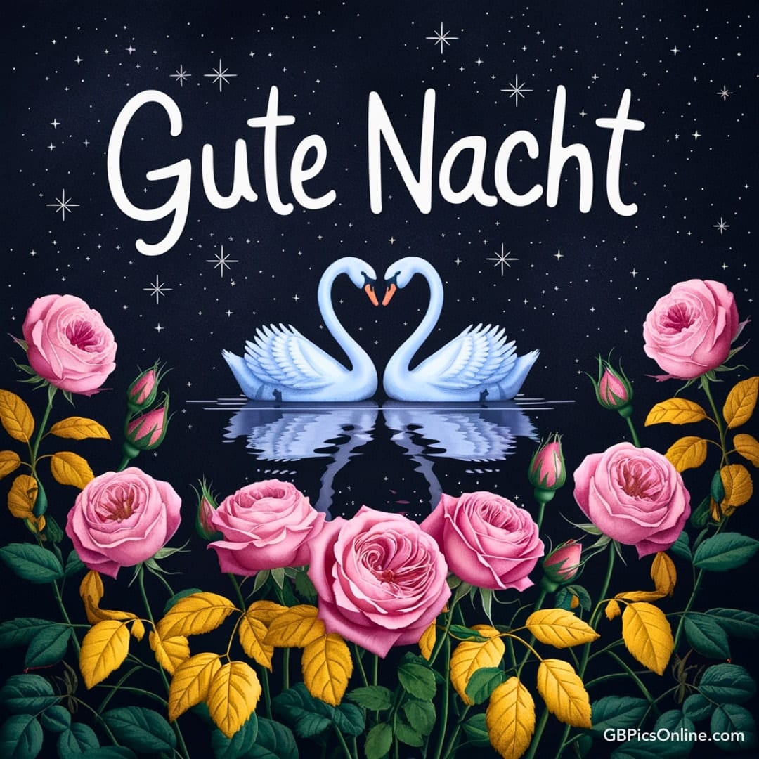 „Gute Nacht“ über zwei Schwänen und Rosen unter einem Sternenhimmel