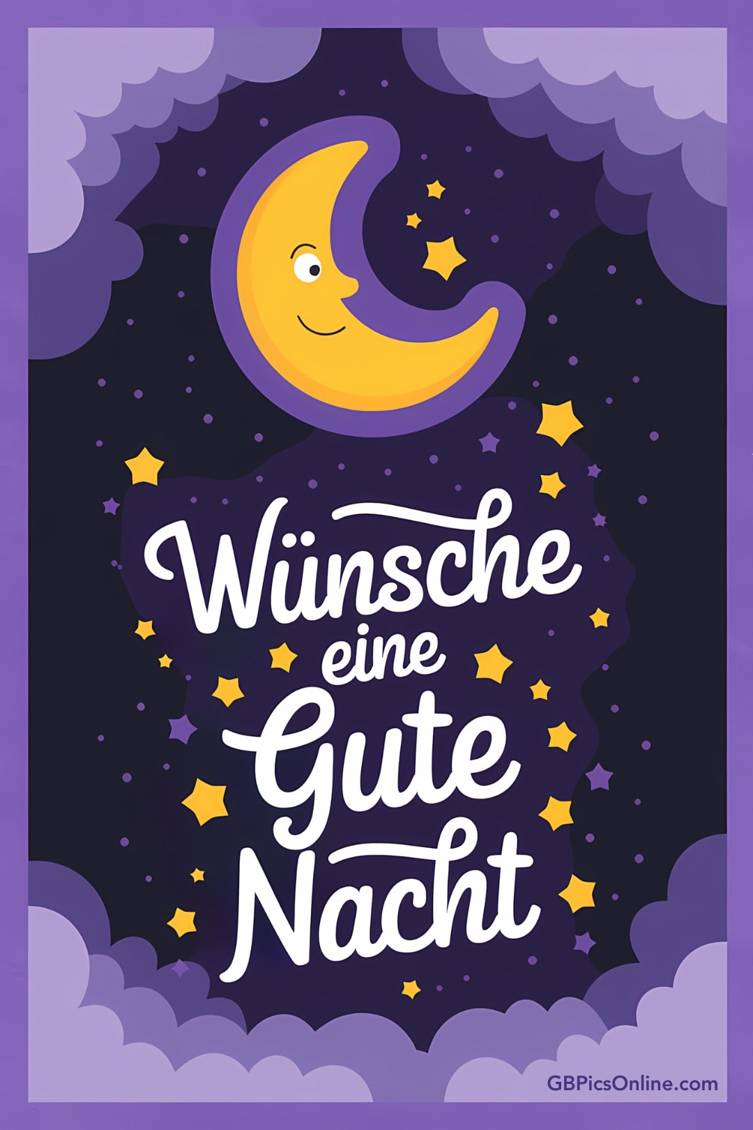 Lächelnder Mond und Sterne mit der Aufschrift „Wünsche eine Gute Nacht“