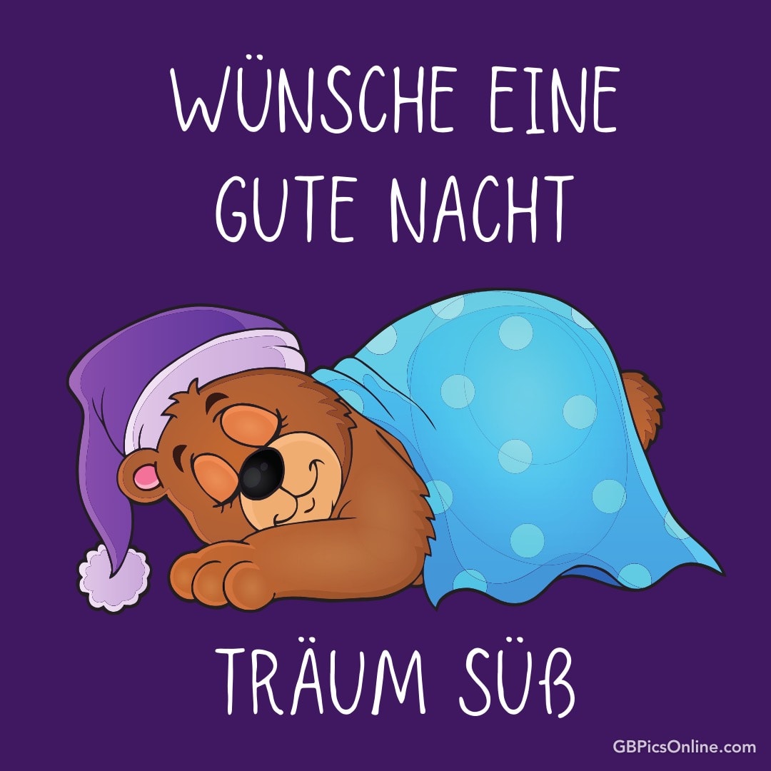 Ein schlafender Bär in Schlafmütze und Decke wünscht „Gute Nacht“