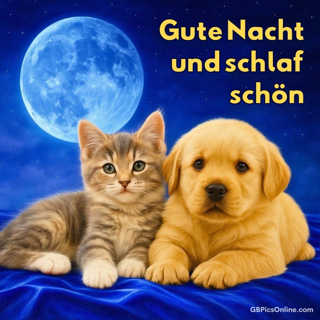 Ein kleines Kätzchen und ein Welpe vor einer Vollmondnacht mit dem Text „Gute Nacht und schlaf schön“