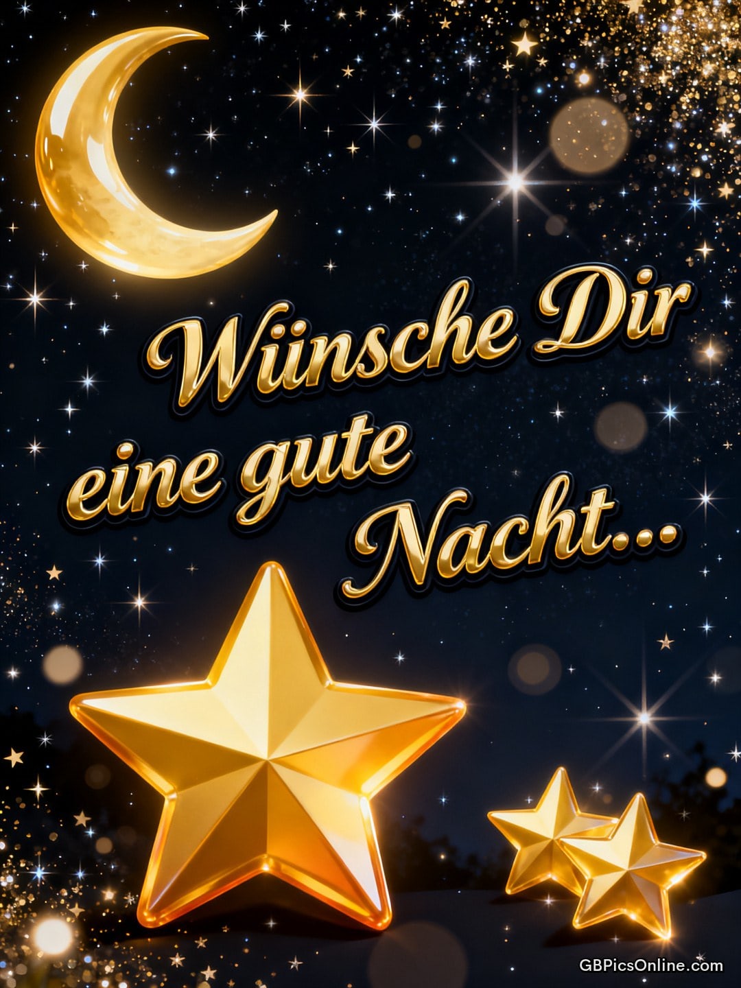 Goldener Mond und Sterne am Nachthimmel, dazu Grußtext „Wünsche dir eine gute Nacht...“