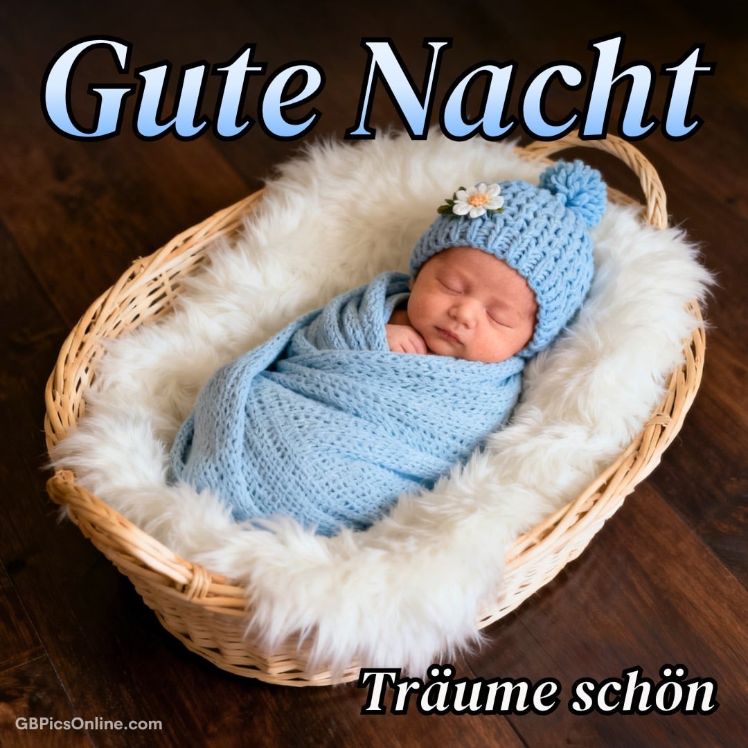 Schlafendes Baby in blauem Strickmützchen und Decke in einem Korb mit weißem Fell