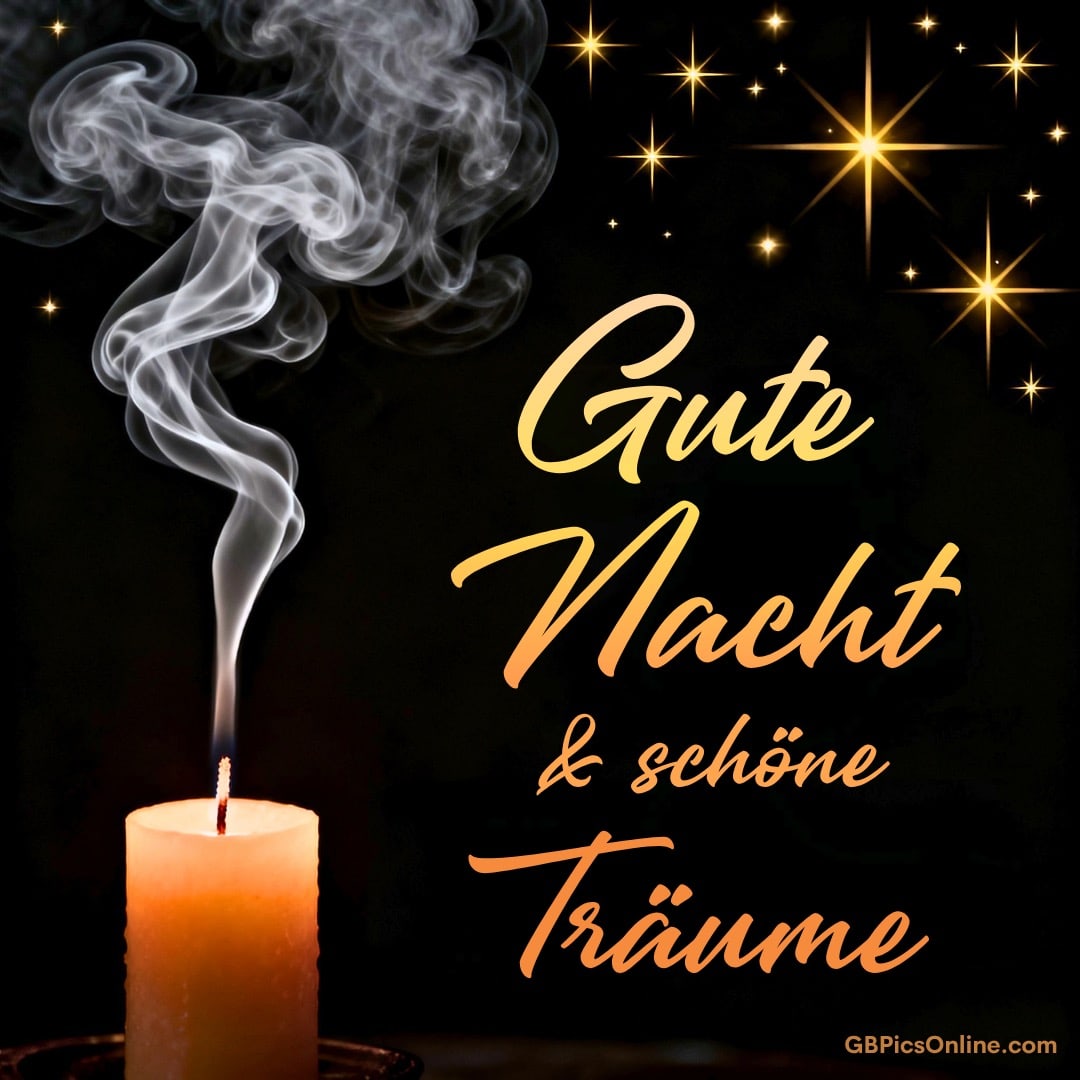 Rauchende Kerze vor dunklem Hintergrund mit Sternen und Gruß „Gute Nacht & schöne Träume“