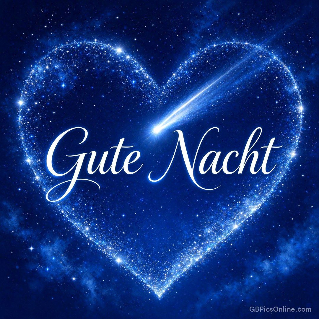 Leuchtendes Sternenherz am Nachthimmel mit Kometenschweif und Schriftzug „Gute Nacht“