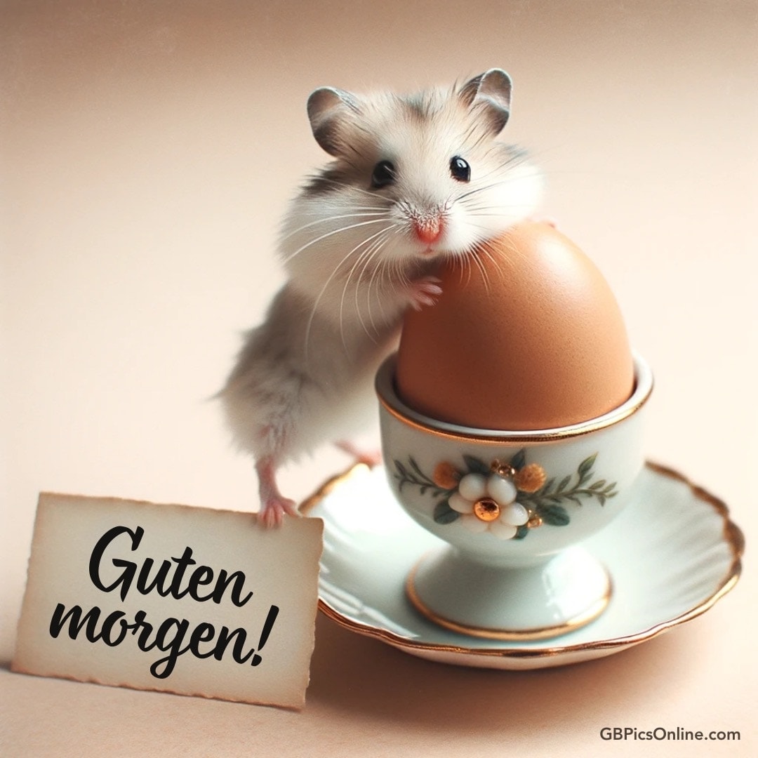 Ein Hamster lehnt sich an ein Ei im Becher neben einem „Guten Morgen!“ Schild