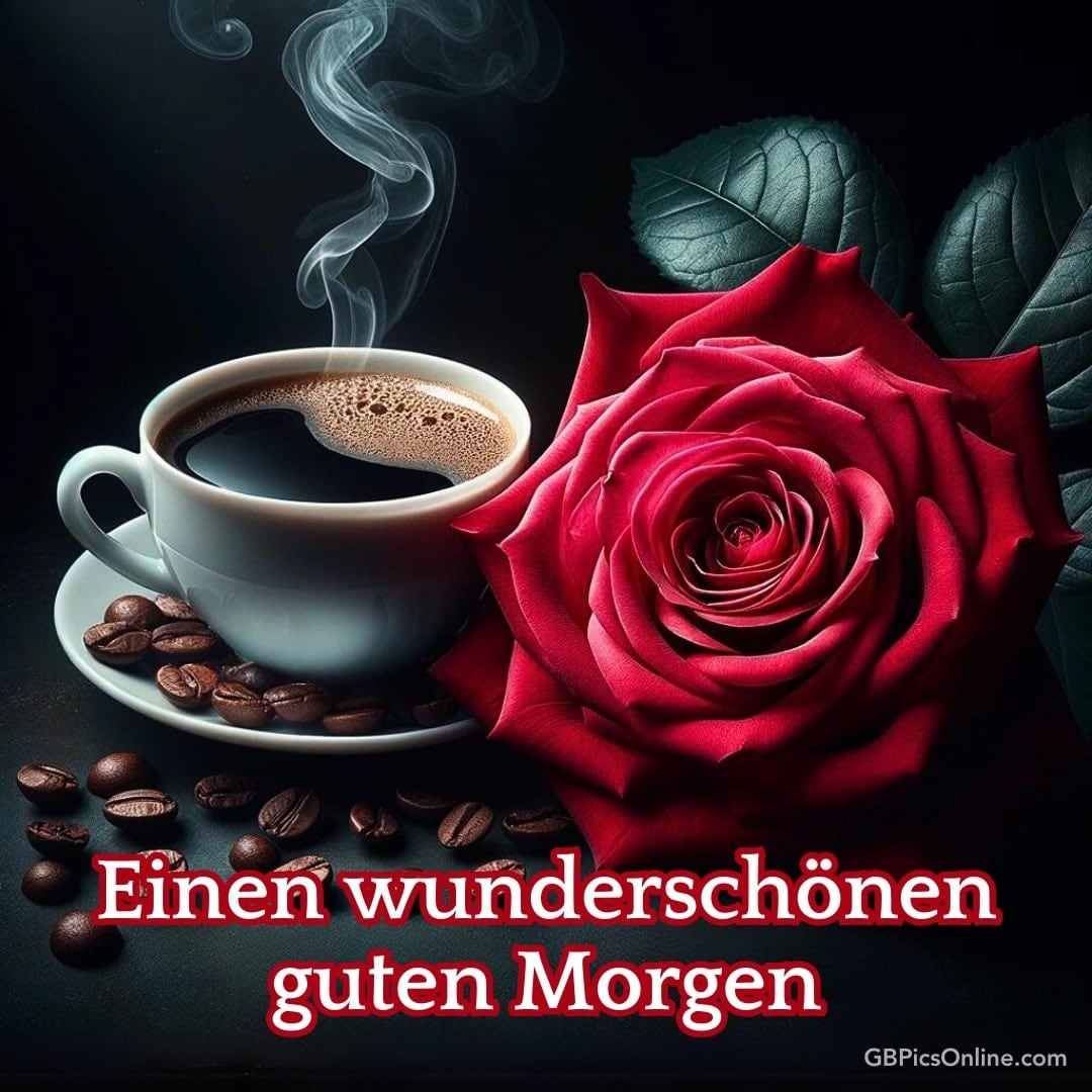 Eine dampfende Tasse Kaffee neben einer roten Rose. „Einen wunderschönen guten Morgen“ steht unten